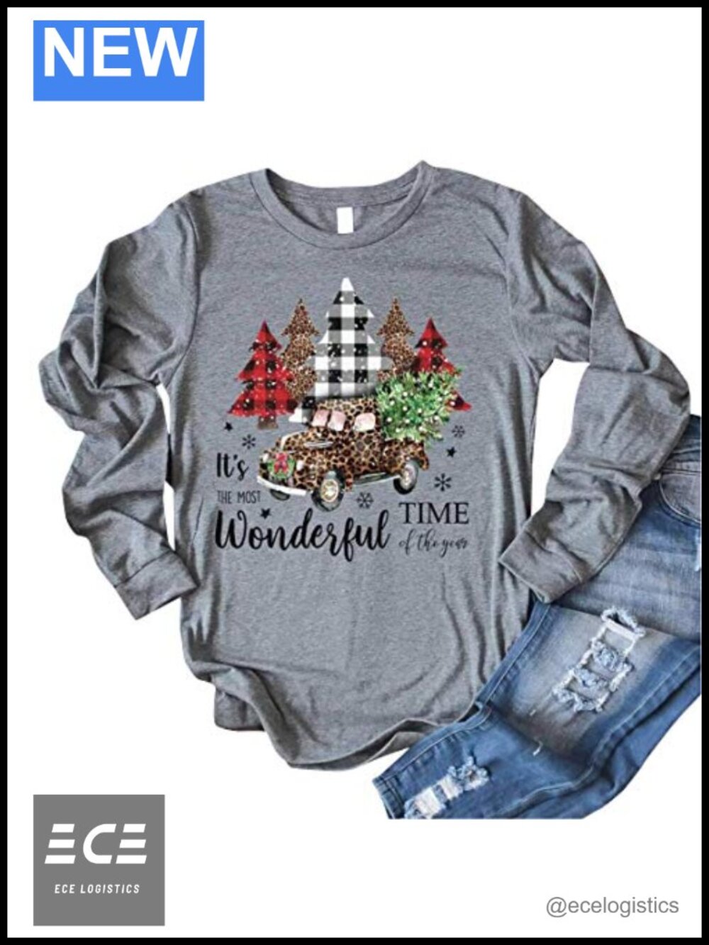 Women's Merry Christmas T-Shirt Buffalo Plaid Leopard Print Tree Truck Santa